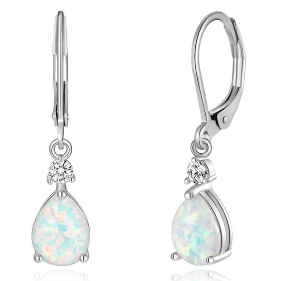 14K White Gold with Genuine White Fire Opal and CZ Teardrop Leverback Earrings - Picture 1 of 5